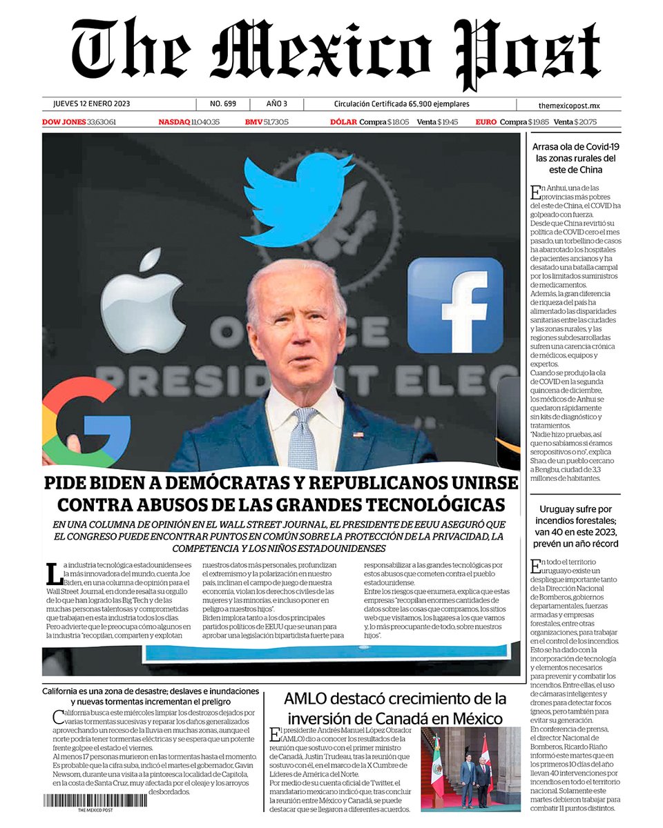 MexicoPost's tweet image. #TheMexicoPost

#Portada| PIDE #BIDEN A #DEMÓCRATAS Y #REPUBLICANOS UNIRSE CONTRA #ABUSOS DE LAS GRANDES #TECNOLÓGICAS

Aseguró que el #Congreso puede encontrar puntos en común sobre la #protección de la #privacidad, la #competencia y los #niños.
@JoeBiden
themexicopost.mx/?p=101105