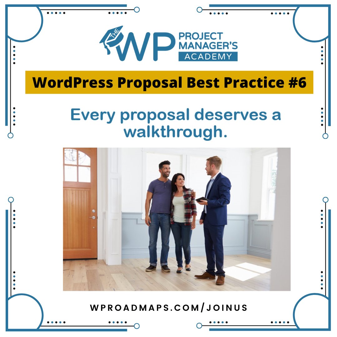 pmforprofit's tweet photo. #WordPress #Proposal #BestPractice Number 6 - Never, ever, ever just drop off a proposal with a client. ALWAYS do a walkthrough so you can make sure they focus on the important stuff.
#ProjectManagement #OnTime #WithinBudget #StopScopeCreep #PreserveROI #JoinTheAcademy https://t.co/zx1peNFuwt