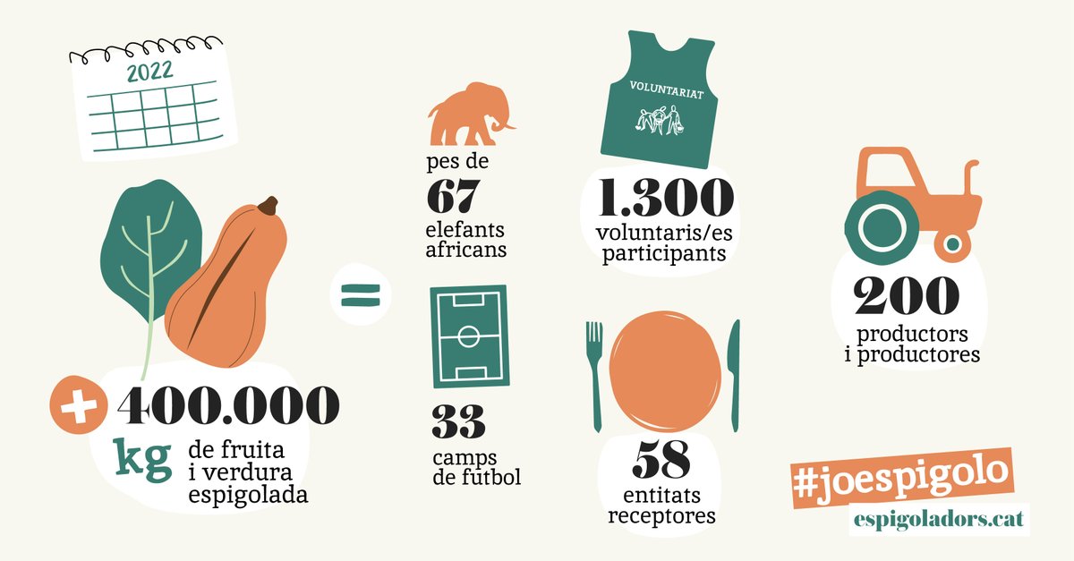 🎉Aquest 2022 hem #espigolat més de 400.000 kg de fruites i verdures que havien quedat excloses del mercat per no complir els estàndards estètics o per la manca de compradors a un preu just. És difícil fer-se a la idea... imagineu que parlem del pes de 67 elefants africans!🐘
