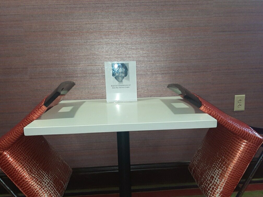 TN Rep. Barbara Cooper of Memphis sat at this table at a Nashville hotel for breakfast every morning during session. With her passing last year at age 93 and with the start of session this week, the hotel reserved her table in tribute. #TNLeg