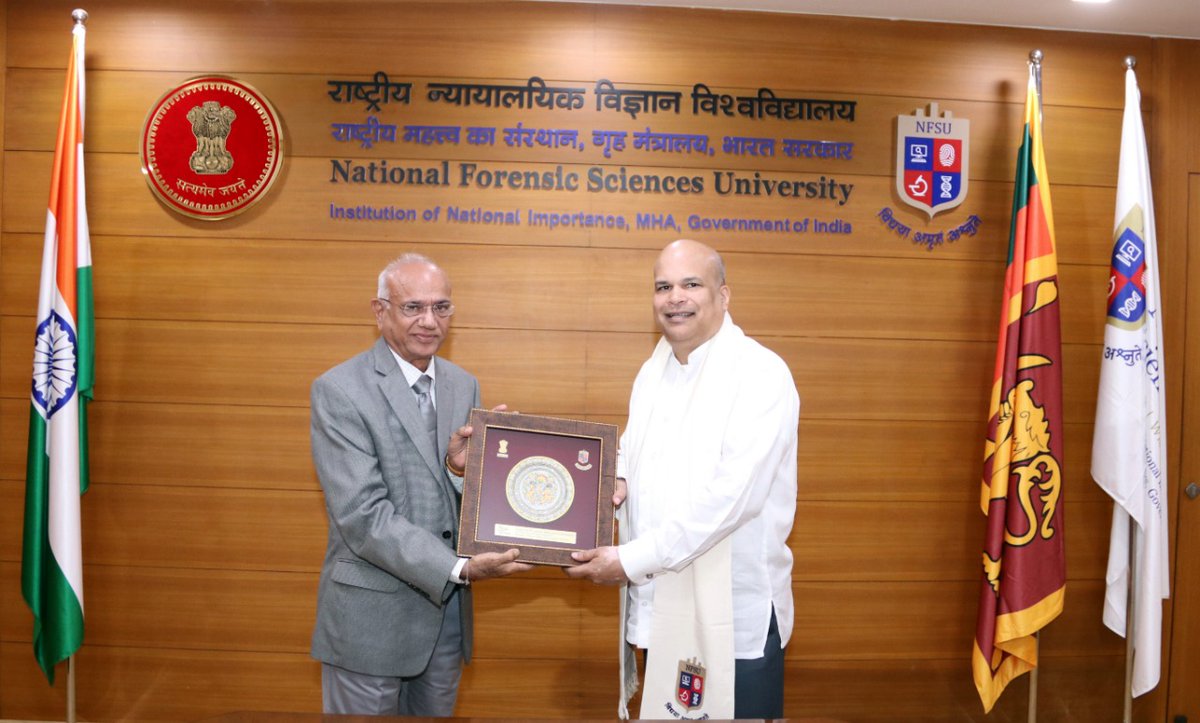 NFSU_Official's tweet photo. H.E. @MilindaMoragoda, Hon. High Commissioner of Sri Lanka, and Shri @JnanendraAraga Ji, Hon. Home Minister of Karnataka visited NFSU on 12th Jan.'23. They met Dr. J.M. Vyas, VC-NFSU, and discussed various topics of Forensic Science &amp; allied subjects with possible collaboration. https://t.co/o49goErQFy