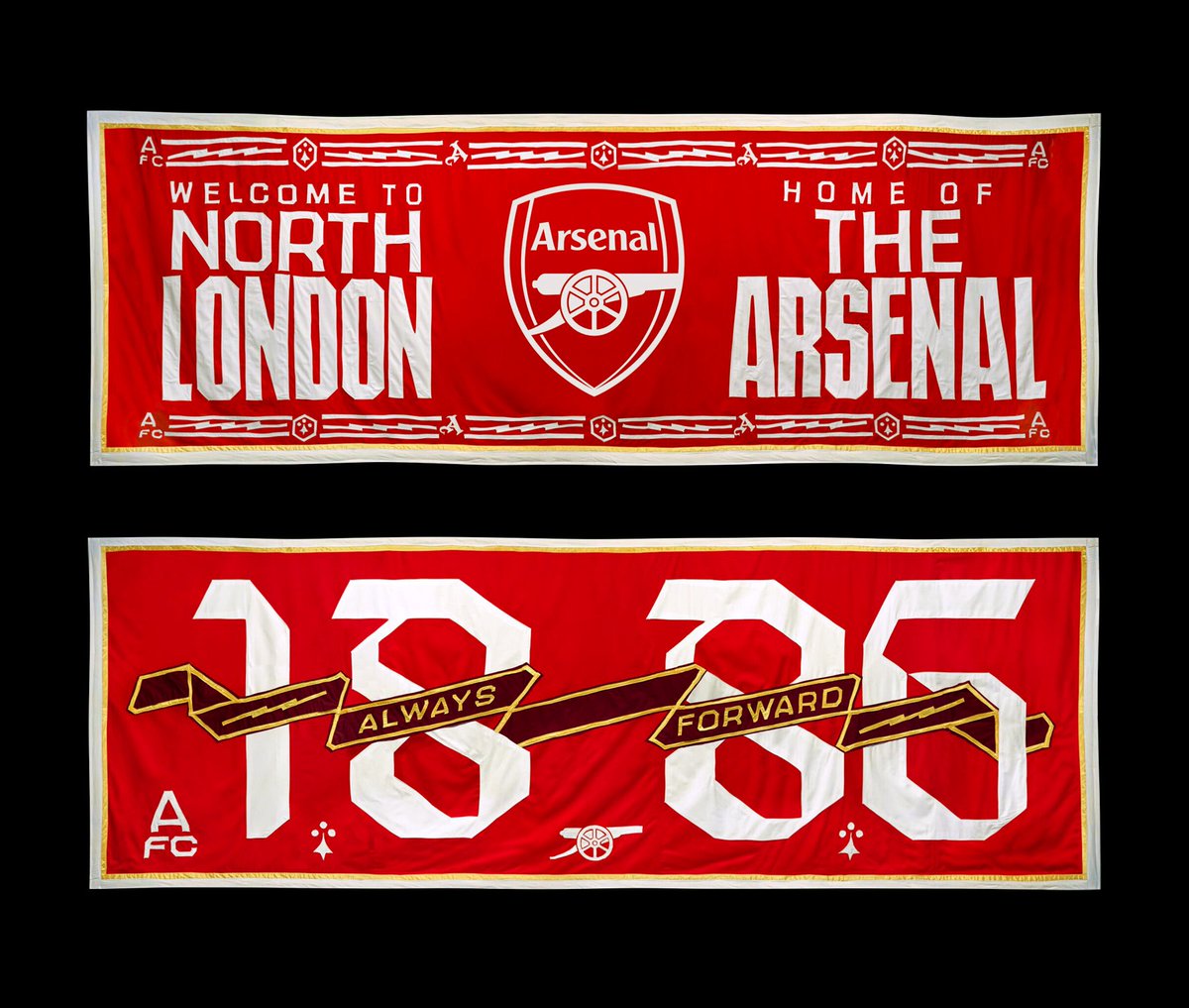 David_Rudnick's tweet photo. the Northbank type family we designed for the club features across the works, and working with Jeremy and Ed, we designed the type compositions for 2 of the monumental new facades which were then handmade by Ed as giant fabric banners; North London Forever and Eighteen Eighty Six https://t.co/oWi3OHzzU2