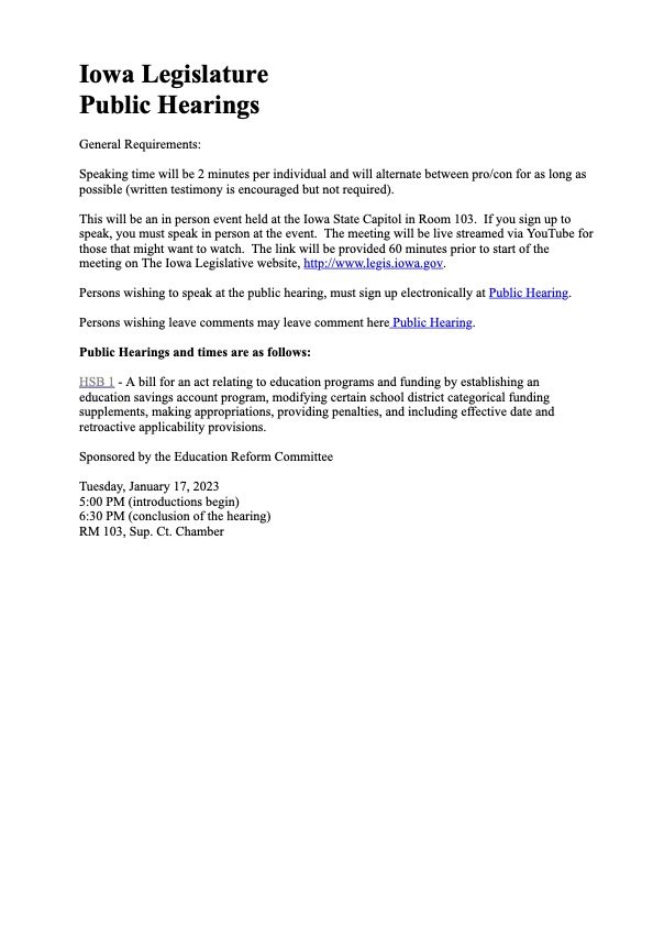 Rushthewriter's tweet photo. Here is the information for Tuesday's Iowa House Education Reform Committee public hearing on the new voucher bill https://t.co/4y6CoEL8hH
