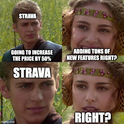 kyzen's tweet image. $100/yr for... what exactly? I've been paying for Strava for several years now, and the only new feature I've been excited about in that time has been the fun colored maps. 

Fortunately I recently re-upped at the old price, so I get to be bitter about this for most of the year.