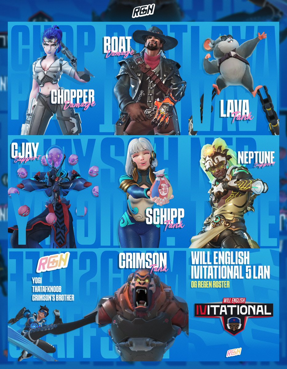 OG_RGN's tweet image. Our roster for the @WillEnglishIV Chicago LAN:
⚔️@Boat_OW
⚔️@ChopperOW1
🛡️ @Schipp_ow
🛡️ @OW_Crimson
🛡️ @Lava_OW
💉 @NeptuneCDS
💉 @cjayow
🧠 @YogiFPS_
🧠 @ThatAFKNoob
🧠 Crimson's Brother
🎨 @nolovecacti