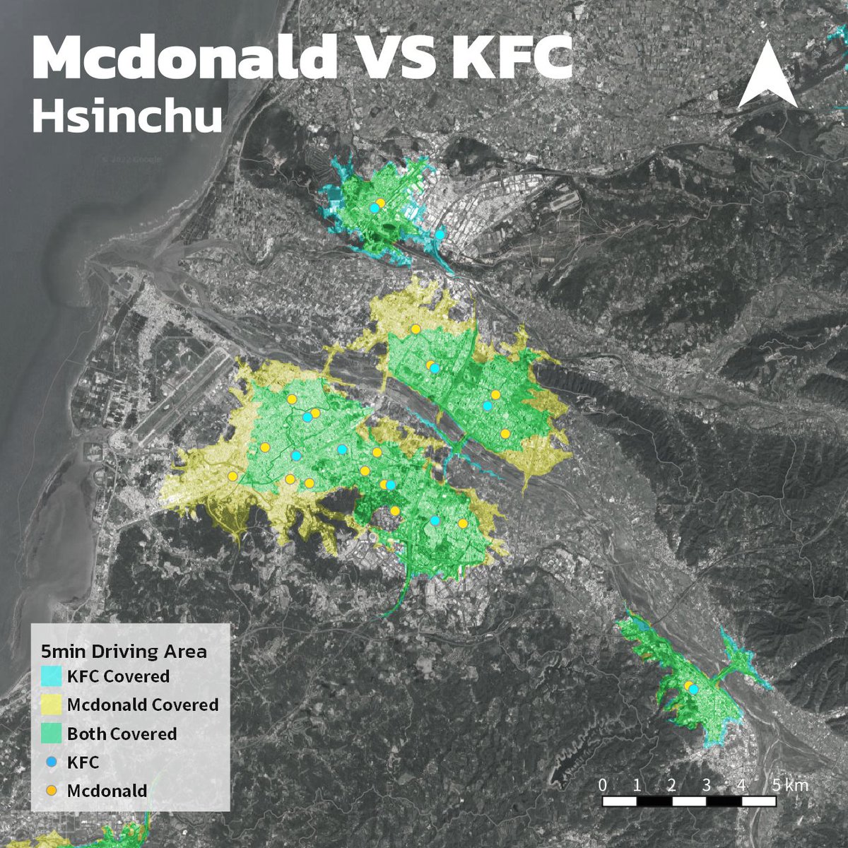 yanchen00's tweet photo. Mcdonald's has 404, and KFC has 179 stores in Taiwan. They are major fast food chains in Taiwan. Although they are rivalries, lots of stores are next to each other. After overlapping 5 min driving area of each store, we find out that most city centers have both of them. 1/2 https://t.co/boz7GasXaA