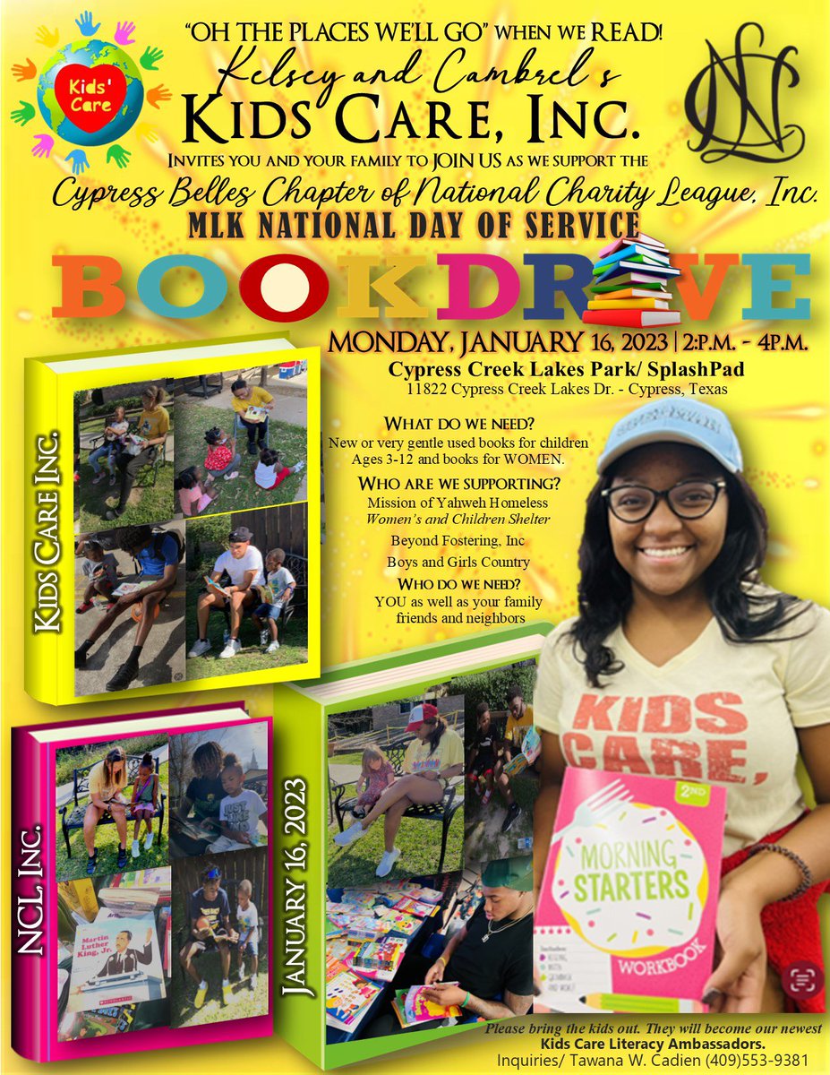 The MLK National Day of Service is the federal holiday designated for Community Service. Kids Care, Inc. is joining the efforts of NCL, Inc. in a nationwide BOOK DRIVE supporting collaborative literacy initiatives. Join us! <a href="/KHOU/">KHOU 11 News Houston</a> <a href="/DKobos13/">Don Kobos ABC13 KTRK</a>  <a href="/KPRC2/">KPRC 2 Houston</a>  <a href="/MelanieLawson13/">Melanie Lawson</a> <a href="/FOX26Houston/">FOX26Houston</a>