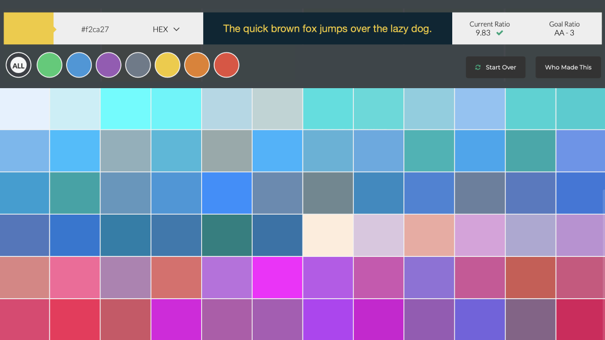 Many color swatches generated by ColorSafe.co that have sufficient contrast against the background color I input