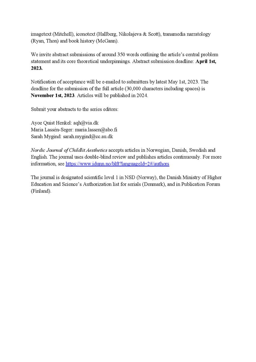 IRSCL_News's tweet photo. CFP: Nordic Journal of Childlit Aestetics (Barnelitterært forskningstidsskrift)
Issue Theme: "The Inter- and Transmedial Aesthetics of Children's Literature"
Deadline for abstracts: 1 April 2023
You can read the journal here: https://t.co/69wFqoCdIR
#BLFT #IRSCL #CFP https://t.co/oRrtXASfTw