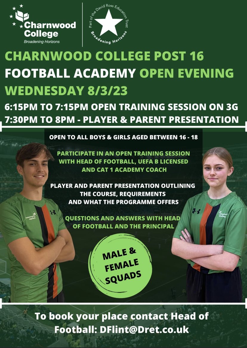 Are you in Year 11 and looking at your options for further education in September? Combine your studies with football and access elite level coaching with the Charnwood College Football Academy

Register your interest by contacting Head of Football Dan Flint - Dflint@dret.co.uk