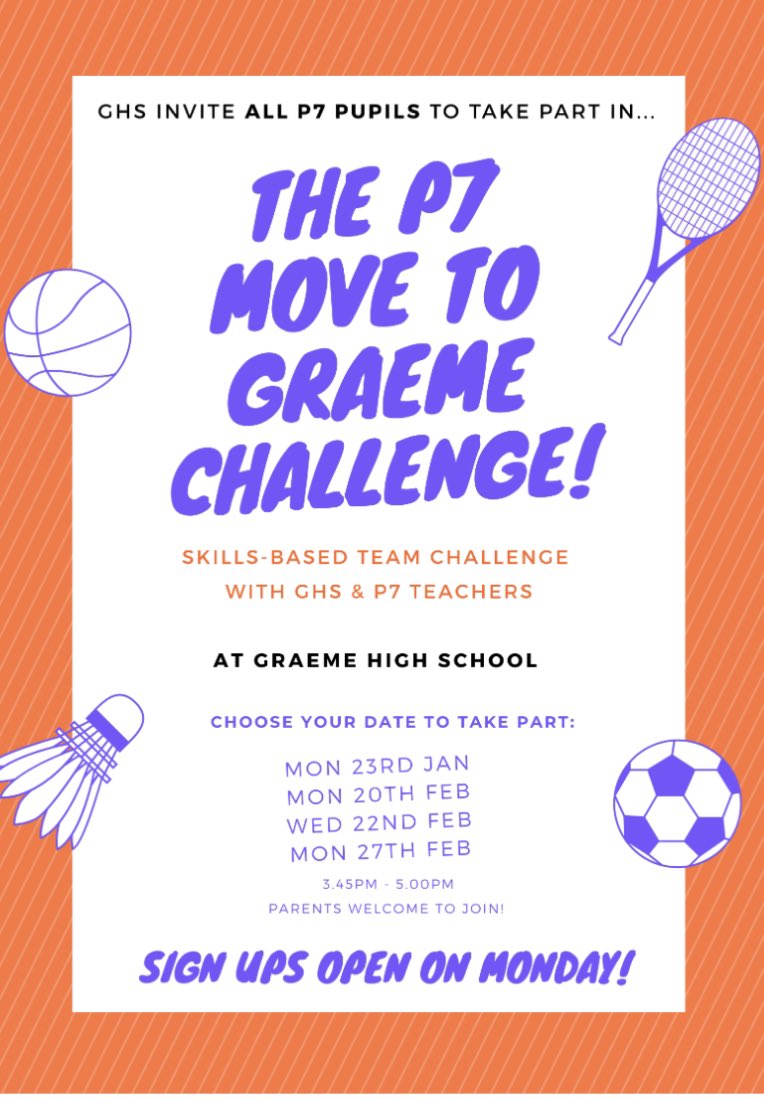 It is OFFICIAL our sign ups for The P7 Move to Graeme Challenge will open on MONDAY! 🙌

Only 3 days to go…

More information coming your way tomorrow 🤩
<a href="/GHSfalkirk/">Graeme High School</a> <a href="/GHS_PEdept/">Graeme High PE dept</a> <a href="/stmargaretsps/">St Margaret's PS</a> <a href="/LauriestonPS/">Laurieston PS</a> <a href="/HallglenPrimary/">Hallglen Primary School</a> <a href="/WestquarterP6/">Westquarter P6</a> <a href="/VictoriaPrimSch/">Victoria Primary</a> <a href="/WhitecrossPS/">Whitecross PS</a>