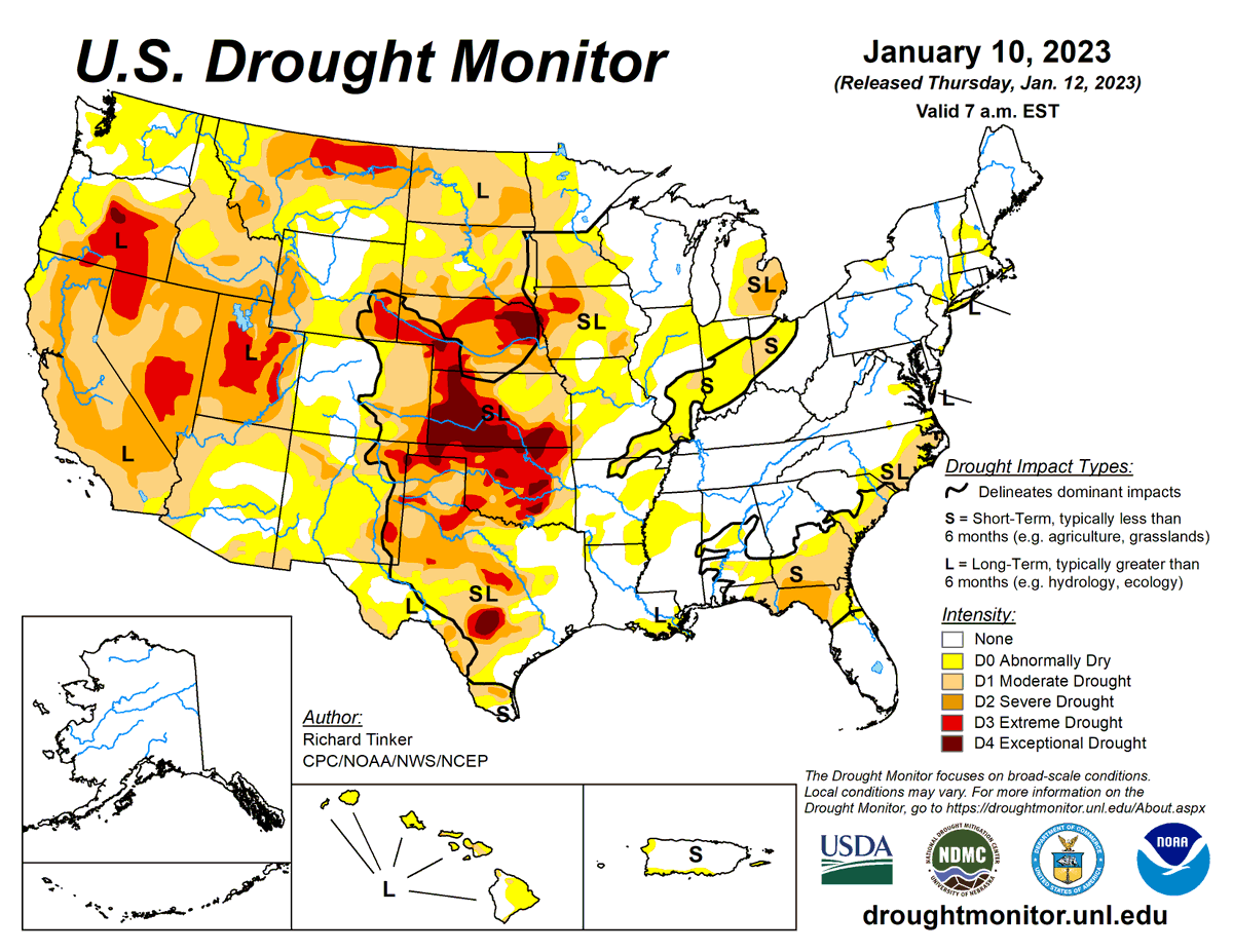 The January 10, 2023 United States Drought Monitor shows abnormal dryness (D0) and varying levels of drought covering much of the West and Plains, with areas of Extreme (D3) or Exceptional (D4) drought in those two regions. However, drought continues to improve in the West from recent storms. Drought is almost gone east of the Mississippi River except for a few pockets and along the Southeast Coast.