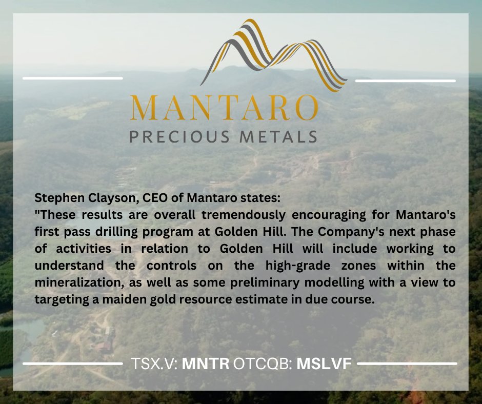 NEWS: Mantaro Precious Metals Corp. Announces Complete Results From 2022 Drilling At Golden Hill Gold Property, Bolivia
Read Full Release Here - bit.ly/3IIpe2M

#Gold #Silver #Mining #Bolivia $MNTR