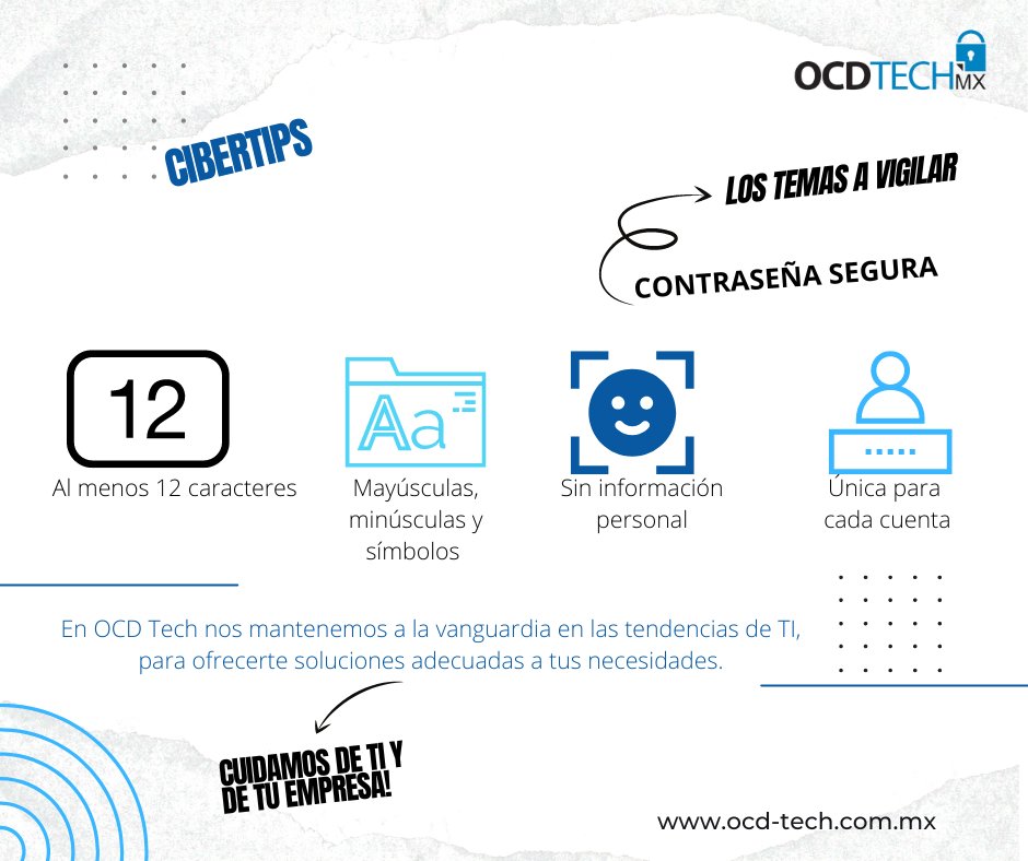 OcdTechMx's tweet photo. La forma mas sencilla de mantener seguros nuestros dispositivos y accesos a nuestras aplicaciones, es contar con una contraseña segura. ¿Sabes como configurarla?

#cibertips #ciberseguridad #ocdtechmx #elmejorequipo https://t.co/e78GjQlkxg