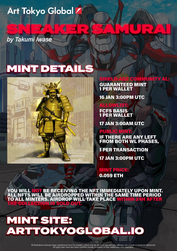 ArtTokyoGlobal's tweet photo. Here’s how the mint is gonna go down for Collection 02: Sneaker Samurai by Takumi Iwase. 

A thread 🧵👇🏻: https://t.co/79aip4P2EA