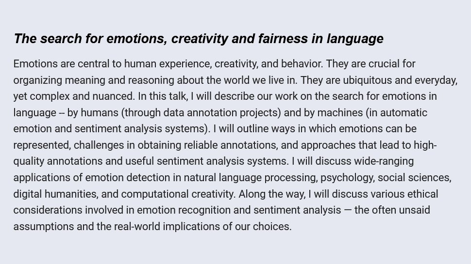 MassimoSt's tweet photo. #CompCog23 will feature 3 great keynotes.

@SaifMMohammad, Senior Research Scientist at Canada's National Research Council, will talk about his pioneering work in #emotion detection, creating  #lexicons for cutting-edge psychological research. 
👇
More: https://t.co/IIfXbfJjB0 https://t.co/K5D570ubE0