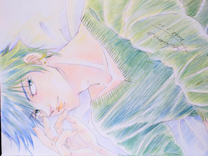 #サムネが横になったから横画面の絵貼ろう 横長かぁ、写真を横に撮ったけど?昨日のこの絵、頭欠けてたん?慣れないな 