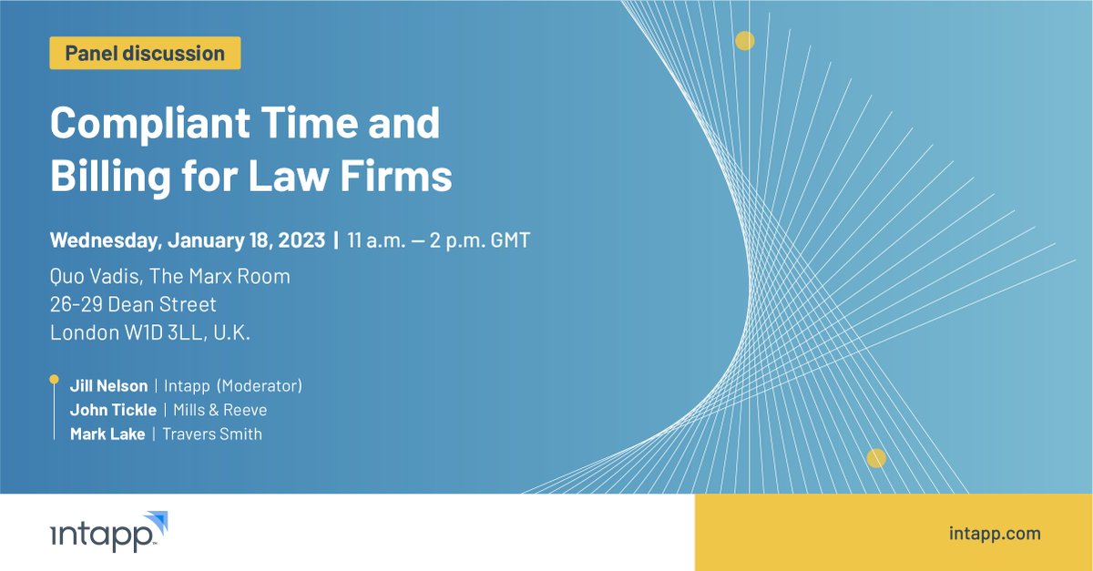 intapp's tweet image. Join us for a discussion on 18 January to learn how #IntappBillstream and #IntappTime can help your firm integrate compliance across time entry and pre-billing and improve realizations and the lawyer and client experiences. Register now: bit.ly/3GUh3iL