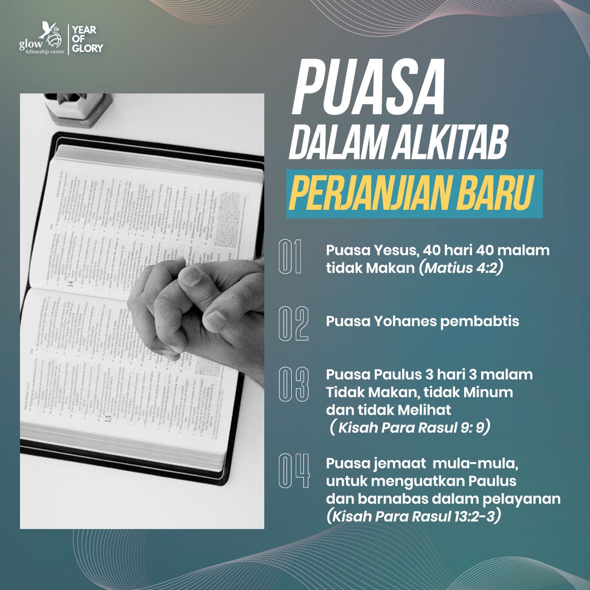 GBIGlowFC's tweet photo. Berpuasa bukan hal yang baru bagi kita orang Kristen, bahkan dalam perjanjian baru ada beberapa cara berpuasa yang ditulis dan dapat kita lakukan

Week Of Blessing 16 - 21 Januari 
Doa dan Berpuasa selama 1 Minggu 
Dan setiap harinya kita akhiri dengan beribadah bersama keluarga https://t.co/obG3b4CNDd