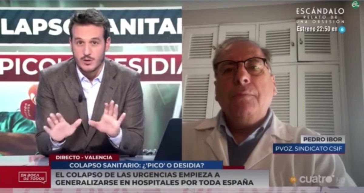 CSIFCV's tweet photo. 📺🏥Entrevista a Pedro Ibor, delegado de CSIF, en @cuatro: 
🗣️"Hay saturación en hospitales valencianos con media de espera de entre 30 y 40h en urgencias" 
🗣️"Es una situación previsible. Pedimos más de 11.000 plazas estructurales que no se han creado"

👉https://t.co/DTd3vkdkfr https://t.co/dppJJDp5jy