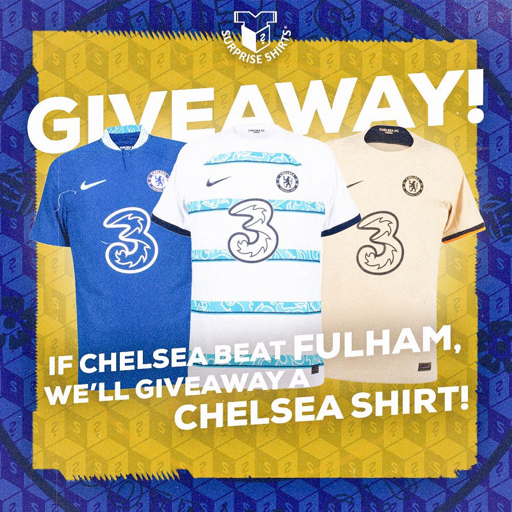 Raf (@cfcraf2) on Twitter photo If Chelsea win against Fulham today, Surprise Shirts will giveaway a 22/23 Chelsea shirt!
👇 How to enter
♻️ Retweet
✅ Follow <a href="/SurpriseShirts/">Surprise Shirts</a>
💬 Comment your size
Good luck! If Chelsea win against Fulham today, Surprise Shirts will giveaway a 22/23 Chelsea shirt!
👇 How to enter
♻️ Retweet
✅ Follow <a href="/SurpriseShirts/">Surprise Shirts</a>
💬 Comment your size
Good luck!