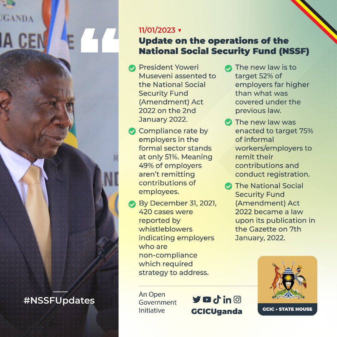 MoICT_Ug's tweet photo. Update on the operations of the National Social Security Fund (NSSF):
The new law is to target 52% of employers far higher than what was covered under the previous law.
@GovUganda @nssfug @GCICUganda
#NSSFUpdates https://t.co/8fCsyPb8sN