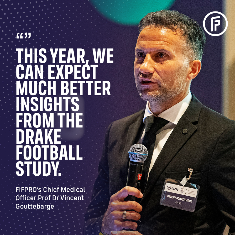 FIFPRO's tweet photo. #FIFPRO’s @VGouttebarge leads the #DrakeFootballStudy, a 10-year project tracking the health of players.

With #Qatar2022 behind us, and the #FIFAWWC 🇦🇺🇳🇿 on its way, 2023 is set to be an important year for the study.

@TheDrakeFdn | @PushBraces | @MehilainenOy | @AmsterdamUMC