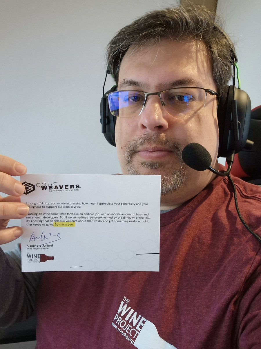 crramirezc's tweet image. @CodeWeavers is the major sponsor and contributor to the WINE PROJECT. I changed some of my Buckaros for this spectacular t-shirt and also donated some to the WINE PROJECT. I was lucky and received and autograph from Alexandre Juilliard, the Wine Project Leader. #CodeWeaversSwag