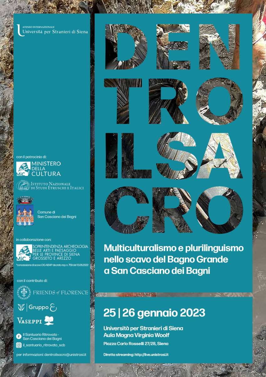 UcvsNews's tweet photo. Convegno internazionale: "Dentro il Sacro. Multiculturalismo e plurilinguismo nello scavo del Bagno Grande a San Casciano dei Bagni" 25  e 26 gennaio 2023. Sarà possibile seguire il convegno in streaming al link https://t.co/1eJk2nkuUK
#SanCascianodeiBagni
#BagnoGrande https://t.co/u2SHQrHP62