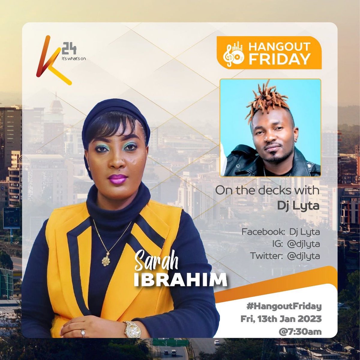 Back on air tomorrow on #HangOutFriday, Tune in as I have a chat with one of the funniest comedians in the 254 @nasrayusuff. Also on the ones and twos we will be having @djlyta. Catch ya tomorrow! @K24Tv