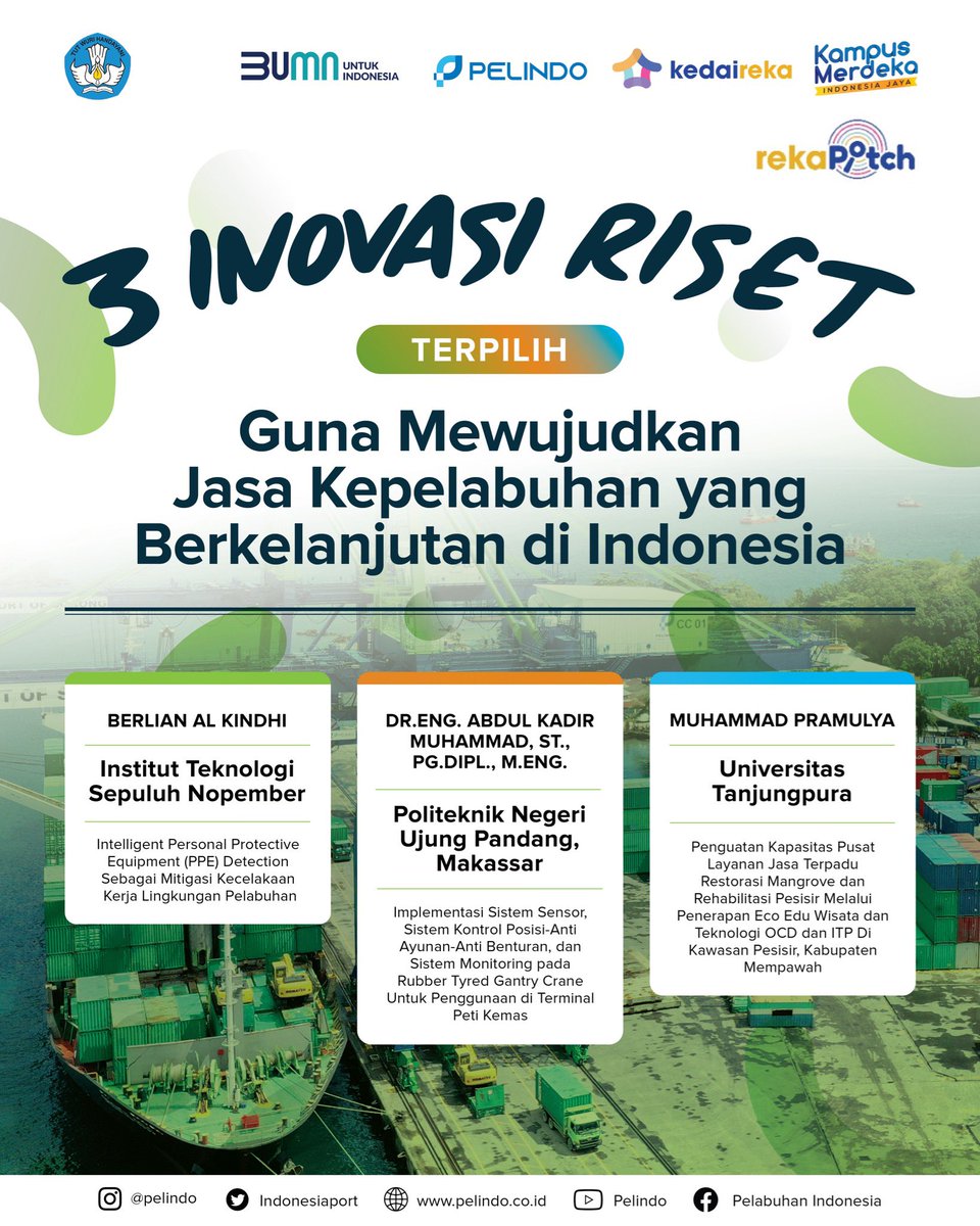 Hallo #Portizen!

Pelindo bekerja sama dengan <a href="/kedaireka/">Kedaireka.id</a> Direktorat Jenderal Perguruan Tinggi Kementerian Pendidikan, Kebudayaan, Riset dan Teknologi dibulan Desember 2022 telah menggelar agenda #REKAPITCH

#TJSLPelindo
#Pelindo
#SatuPelindoUntukIndonesiaMaju
#BUMNUntukIndonesia