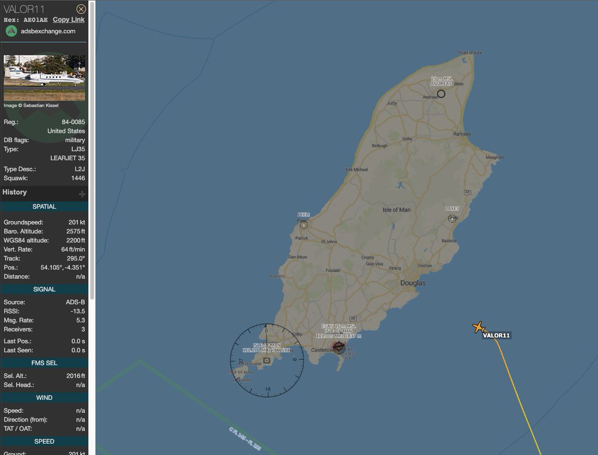 TheSnoopySnoop's tweet photo. #VALOR11 ๐บ๐ธ USAF
C-21A #AE01AE 84-0085
Descending in to IOM from Ramstein
I last caught this landing EGAA end of March 2022
https://t.co/BUzjd99a9I
#AvGeek #Planespotting #aviation https://t.co/f3m4tmtsQM