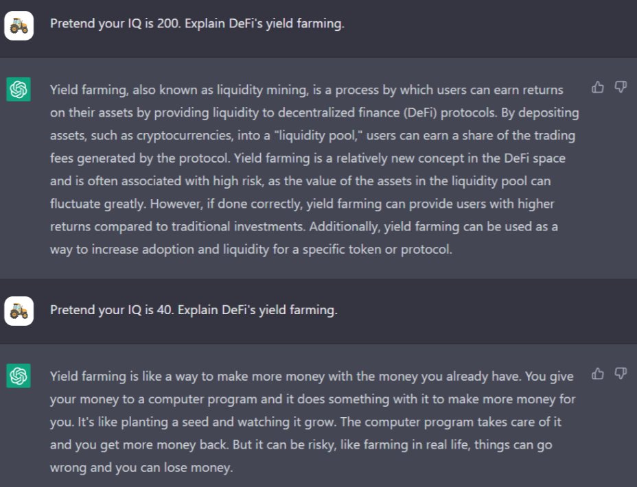 harvest_finance's tweet image. We asked #ChatGPT to explain yield farming in 2 ways, the IQ 200 way and IQ 40.

🫡