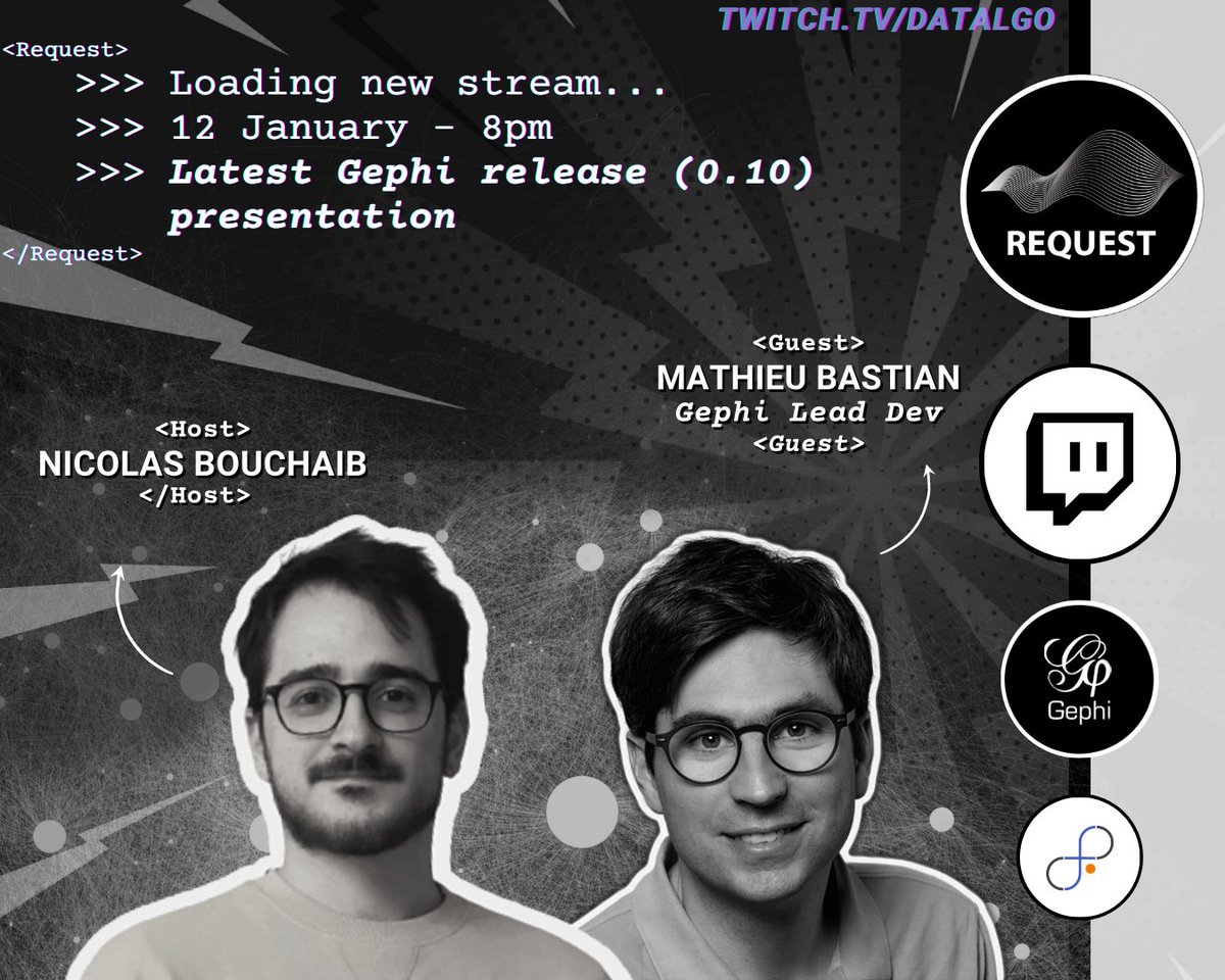 🔴 Ce soir à 20h je reçois @mathieubastian en stream ! Il vient nous présenter en direct la dernière version de @Gephi (0.10) dont il a supervisé le développement à la #GephiWeek de Paris. La commu Gephi, on vous attend nombreux ! Ce sera in english sur twitch.tv/datalgo