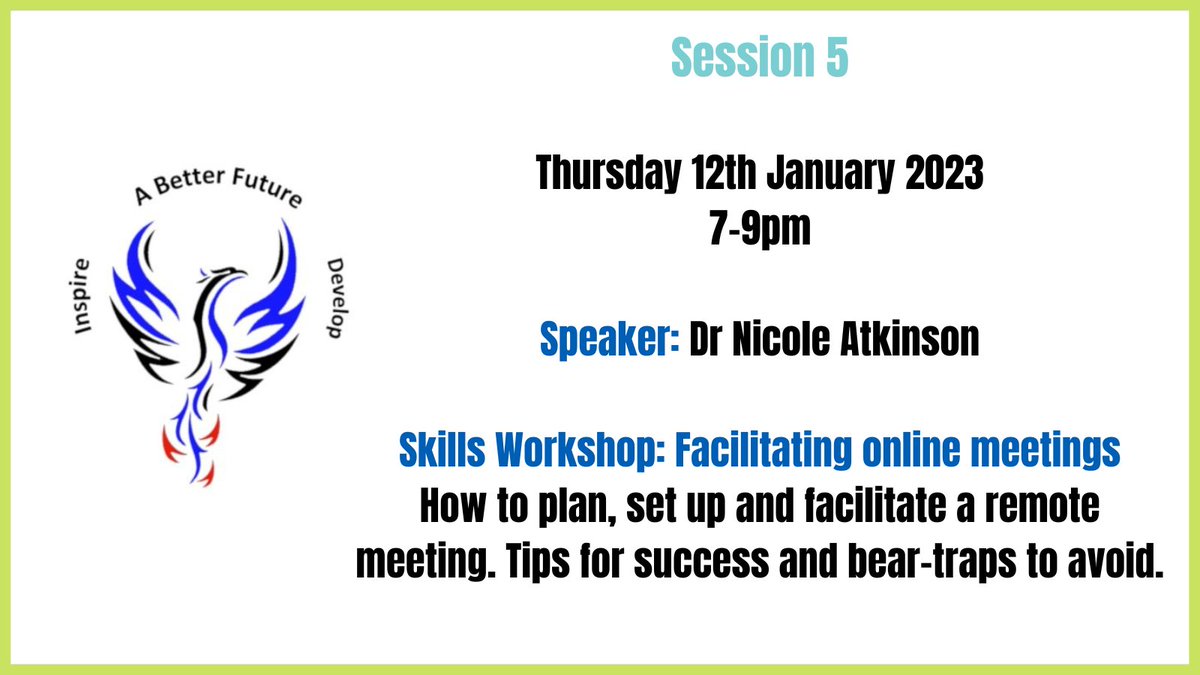 Looking forward to the fourth session for the second cohort on the Greater Manchester Phoenix GP Programme this evening.
Dr Nicole Atkisnon is the speaker and there is a 
skills workshop on facilitating online meetings.
It takes place from 7-9pm.

#PrimaryCare #PCFedNetwork #GPs