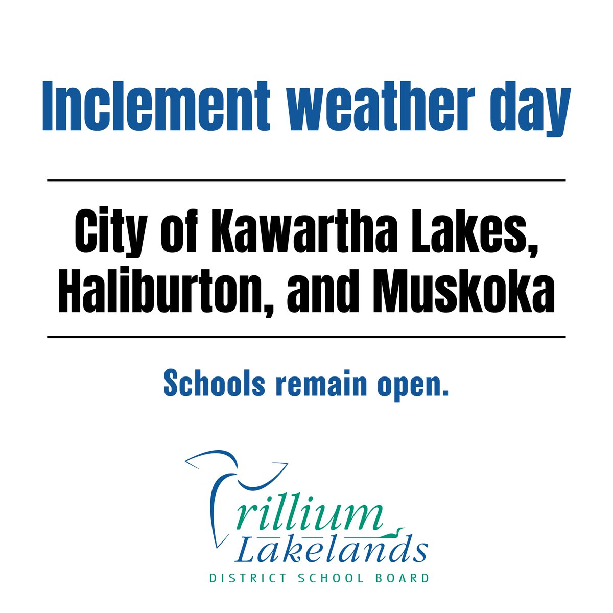 (1/2) Due to the current weather and road conditions, transportation to schools is not operating in the City of Kawartha Lakes, Haliburton, &amp; Muskoka today, January 12. 

Schools remain open and learning opps will continue for students who are able to safely attend in-person.