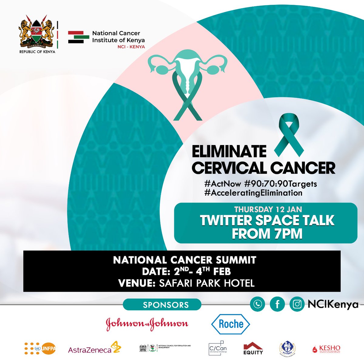 NCIKenya's tweet photo. To Eliminate Cervical Cancer, we all have a role to play.
💉👧🏾10-14 year-old girls should get vaccinated,
👵🏾👩🏾 Kenyan women aged 25-49 years of age should get screened regularly. 
Men should  support their wives, sisters and daughters.
@daktari1
#CervicalCancerAwarenessMonth https://t.co/C9WFjWc1V2