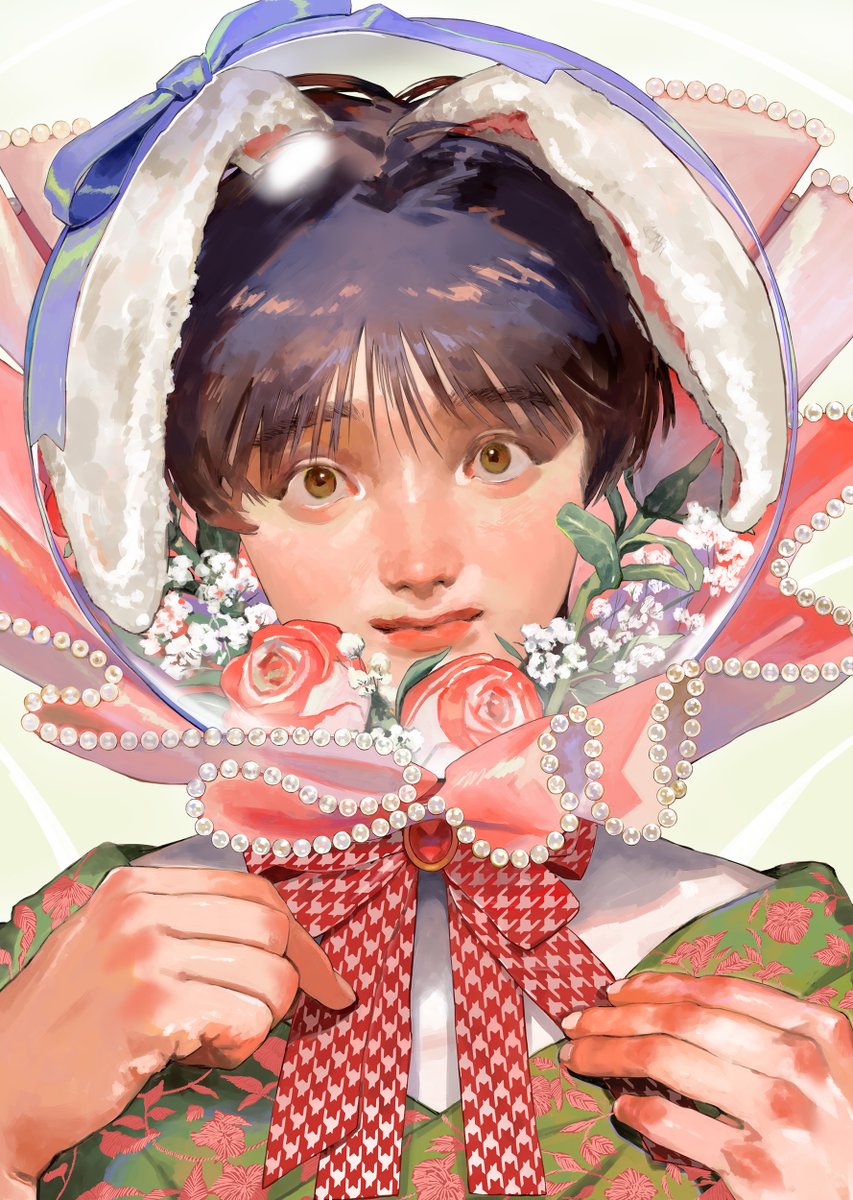 flower 1boy male focus solo brown eyes looking at viewer rose  illustration images