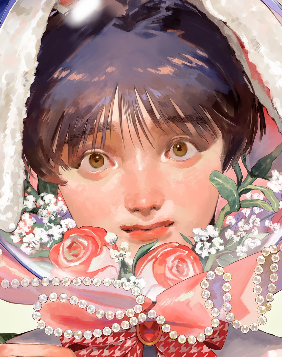 flower 1boy male focus solo brown eyes looking at viewer rose  illustration images