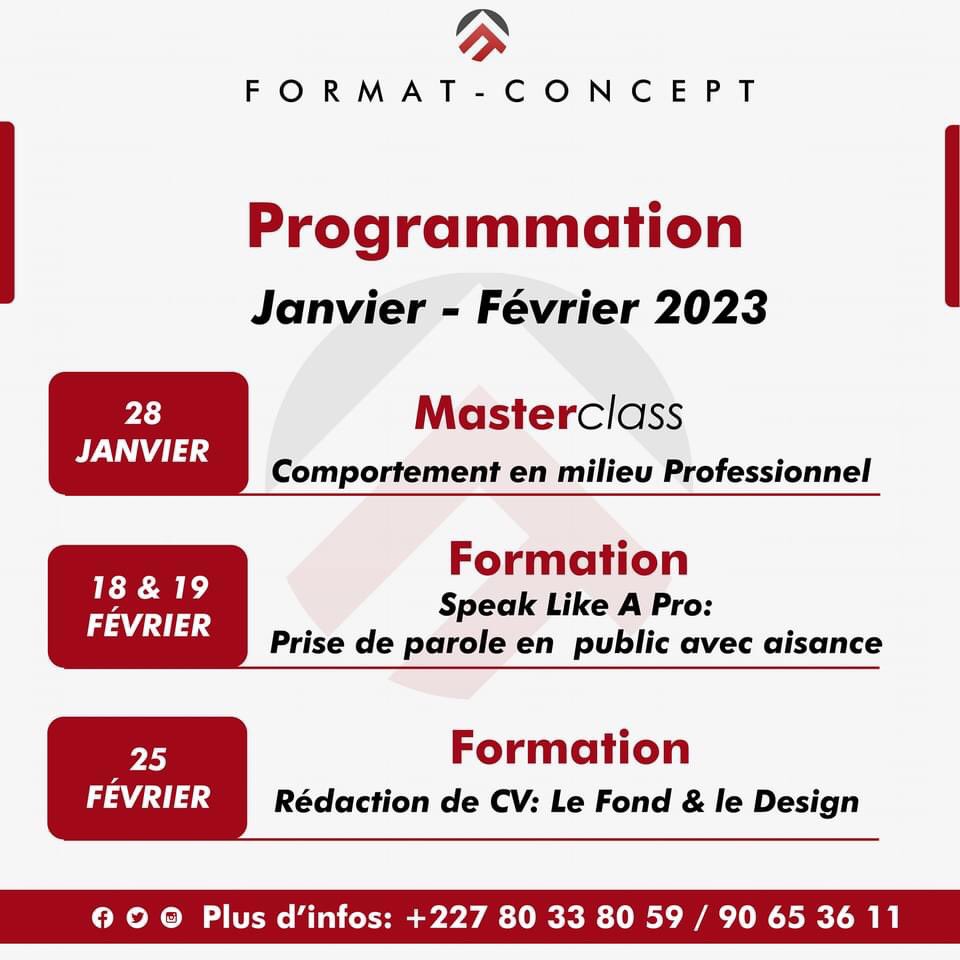 format_concept's tweet photo. #Upcomingprogram
Découvrez notre programmation de formation Janvier - Février 2023
Plus d'infos :👇
☎️ +227 80 338 059 /90 653 611
More Details Coming soon 🔜 https://t.co/LZQmb7V1sv
