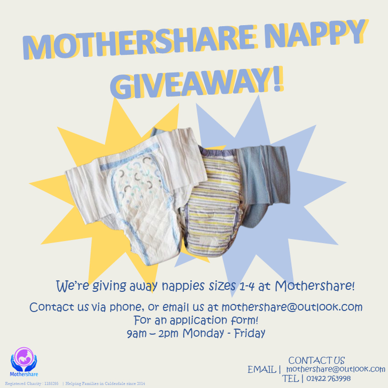 We're currently holding a Nappy Giveaway at Mothershare. Due to the cost of living crisis we'll be giving out Nappies for anyone that needs them, but once they're gone they're gone! Send us an Email or call into the Office for more info! 

[#cffc #everychildmatters #calderdale]
