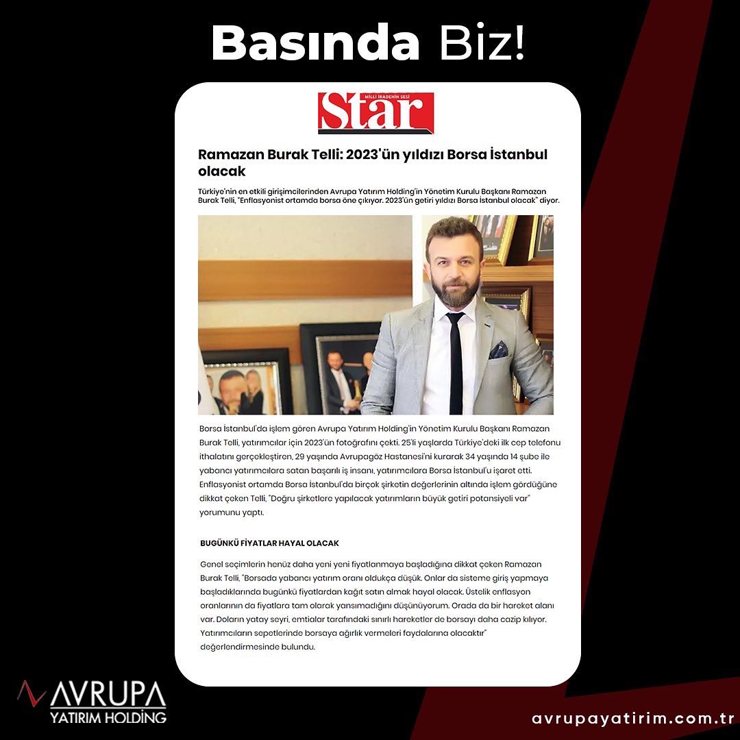 “2023’ün yıldızı Borsa İstanbul olacak.” basın yansımaları. 

#haber #avhol #avrupayatirim #basin