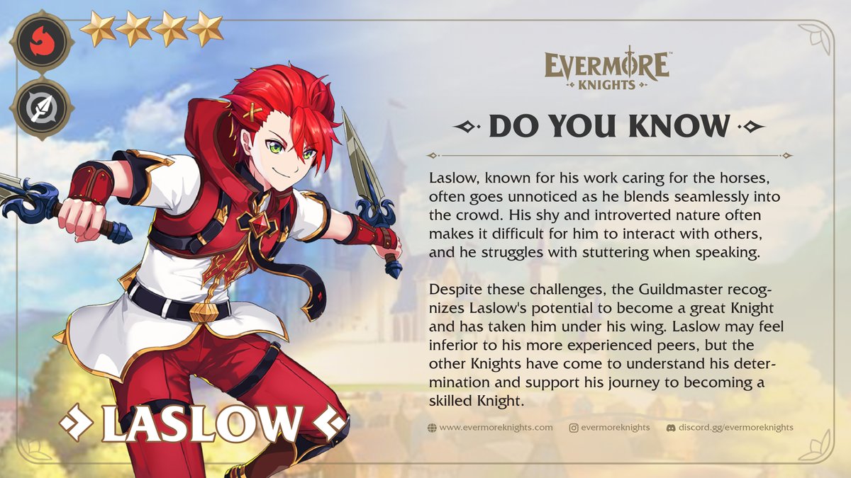 EvermoreKnights's tweet photo. Meet Laslow, the stable boy from Osten with a skill for riding. Learn more about Laslow by checking out the post below!
#evermoreknights #laslow #exclusivecharacter #doyouknow #nominagamesย #freetoplay https://t.co/oDjMOCiLWo