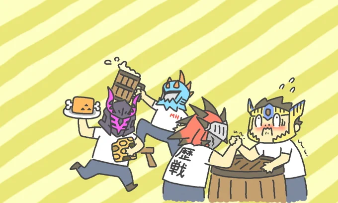 わぉ!お年玉～☆【サークルに集まる歴戦ハンター】リクエスト()わりと何を描いたらいいかわかんなかったリクエストw☆装備描くのズルしたら激おもろヘッダー画像になりまちた☆みんな歴戦☆ 