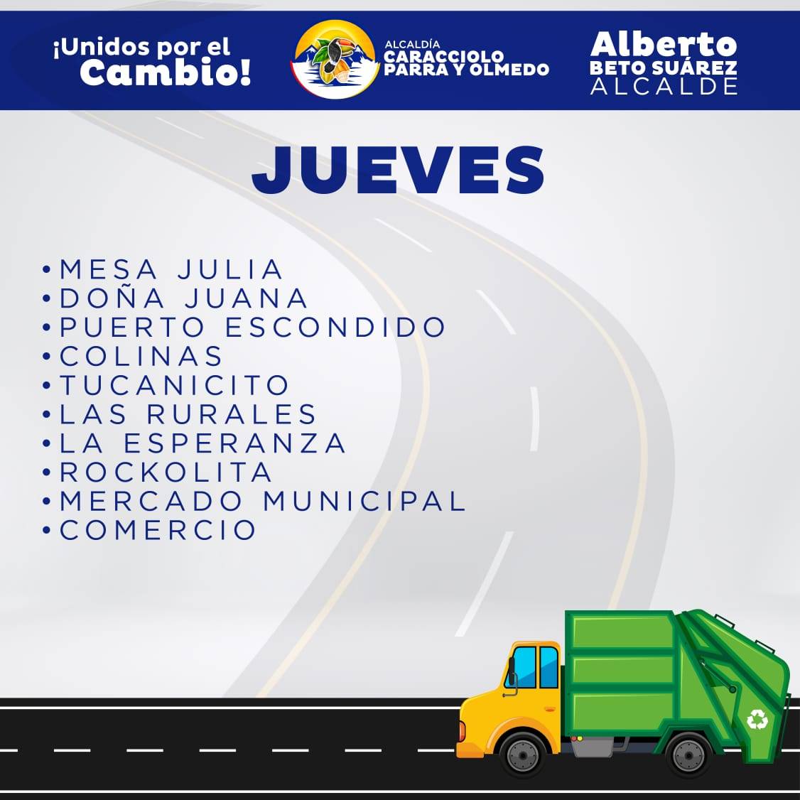 Alcalde_ASuarez's tweet photo. #ATENCIÓN⚠️

♻️RUTAS JUEVES #12Ene ♻️

Continuamos trabajando y  desplegados con nuestro plan de recolección de desechos sólidos a lo largo y ancho del municipio Caracciolo Parra y Olmedo 🚚

#Mérida #Tucani 
¡Unidos por el Cambio ! https://t.co/5PYS93vk4g