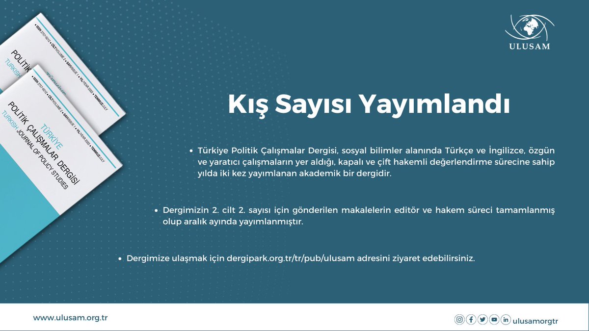 ulusamorgtr's tweet photo. Türkiye Politik Çalışmalar Dergisi (Cilt 2 Sayı 2) yayımlandı. Dergimizi okumak ve yeni sayıya makale göndermek için https://t.co/YI8SYUL5sg adresine tıklayınız.
...
#Ulusam #Dergi #Uluslararasıİlişkiler https://t.co/BPKM4TT4VO