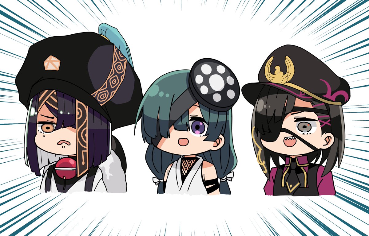 :d 1other 3girls bangs black hair black headwear brown eyes  illustration images