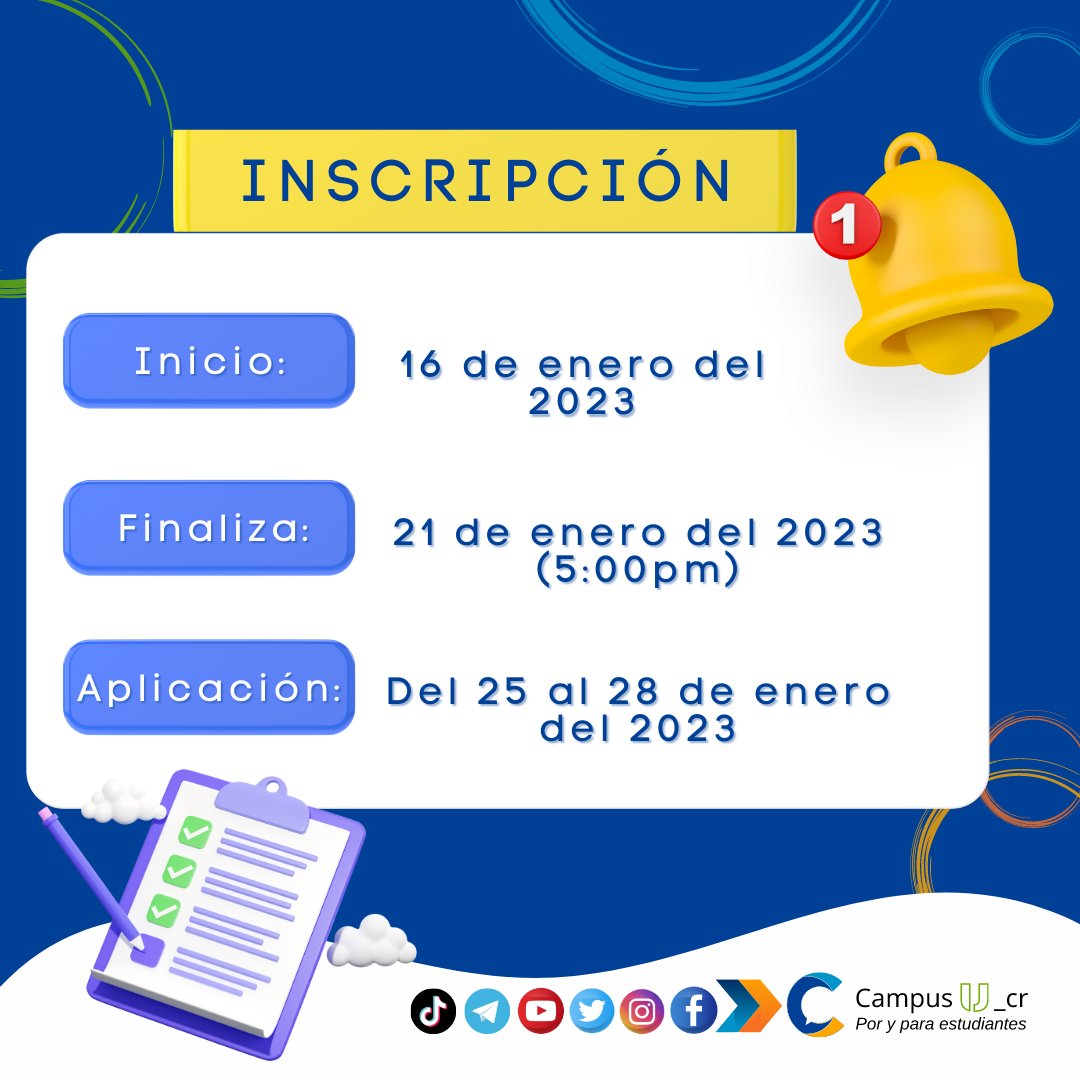 CampusU_cr's tweet photo. Inscripción de pruebas de reposición  en el Entorno estudiantil en servicios, inscripción de reposición 
https://t.co/2Mz53e43Ov
Consultar los Bloques y horarios en el Calendario de las fechas de prueba https://t.co/Bq0mqJNgqk https://t.co/HukZsU872Y