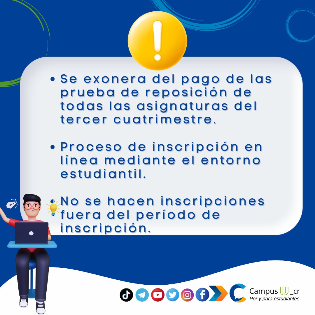 CampusU_cr's tweet photo. Inscripción de pruebas de reposición  en el Entorno estudiantil en servicios, inscripción de reposición 
https://t.co/2Mz53e43Ov
Consultar los Bloques y horarios en el Calendario de las fechas de prueba https://t.co/Bq0mqJNgqk https://t.co/HukZsU872Y