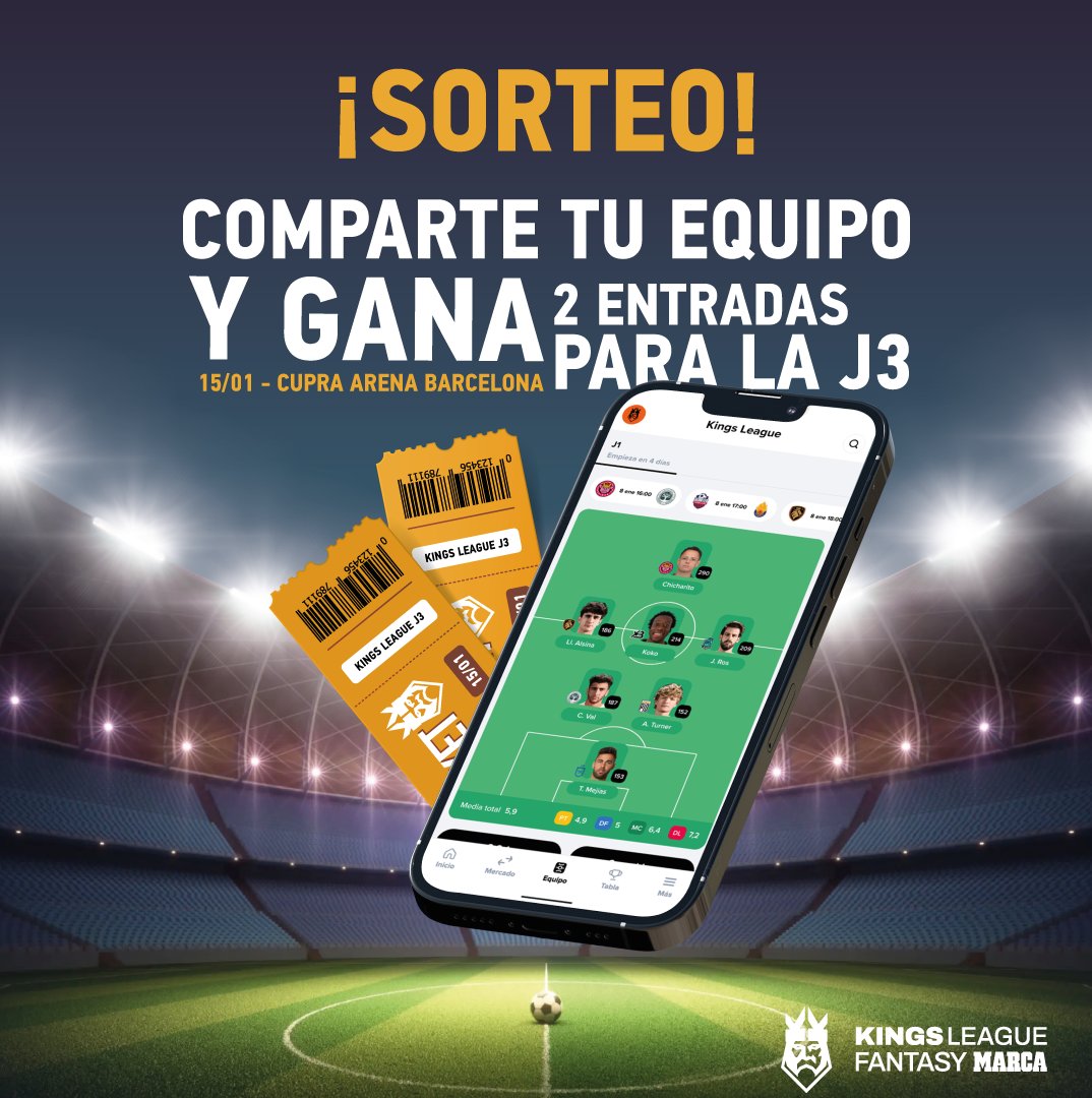 KingsLeagueFM's tweet image. 🎟️🎟️ ¡2 entradas de regalo!

🎪 ¿Quieres ver la @KingsLeague en directo este domingo?

Para participar en el #sorteo:
👑 Síguenos @KingsLeagueFM
👑 RT a esta publicación
👑 Comparte un pantallazo de tu equipo #fantasy

Anunciaremos el ganador el sábado.

#KingsLeagueFantasyMARCA